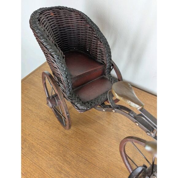 Vintage Wooden & Metal Miniature Doll Tricycle Rickshaw Wicker Seat 12" x 22" - Picture 3 of 16